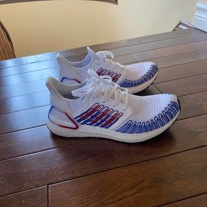Adidas Ultraboost, W 6.5. White with blue and red.